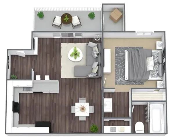 a kitchen with a wooden floor