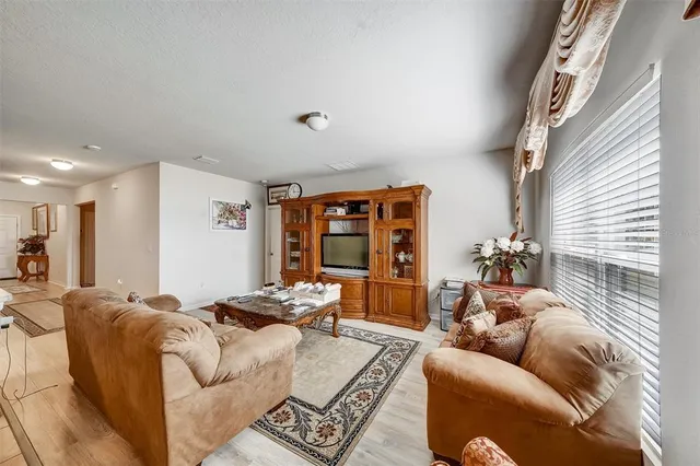 a living room with furniture a rug and a window