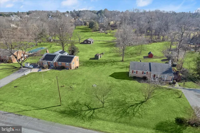 a view of a garden with a bench in front of it