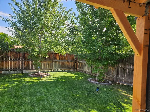 a garden view with a seating space