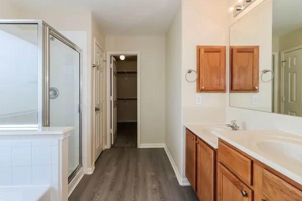 a bathroom with a double vanity sink a mirror and a shower