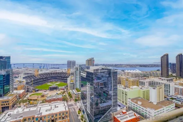 a view of a city with tall buildings