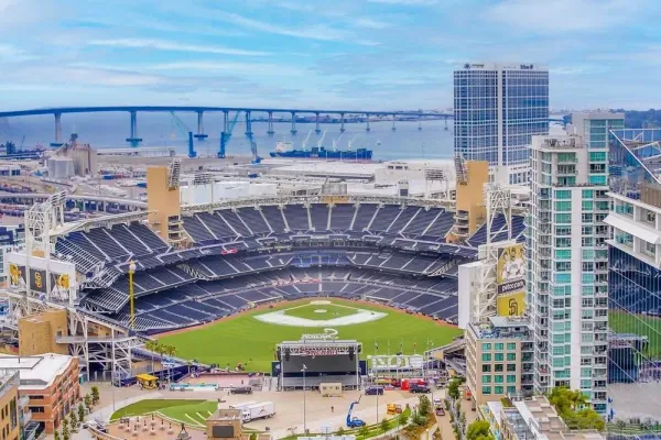 a view of a city skyline from a balcony