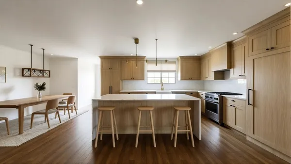 a kitchen with stainless steel appliances granite countertop a dining table chairs stove a refrigerator and cabinets
