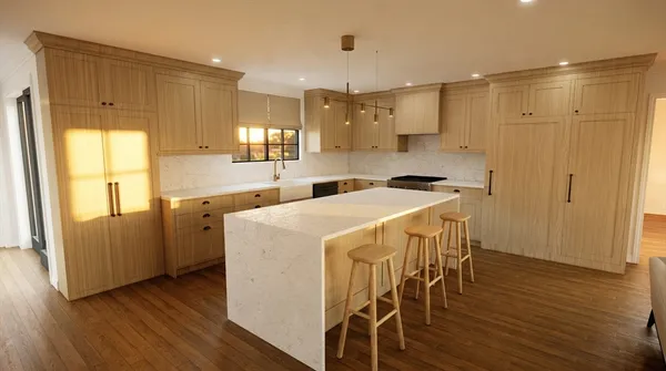 a kitchen with a table chairs refrigerator and cabinets