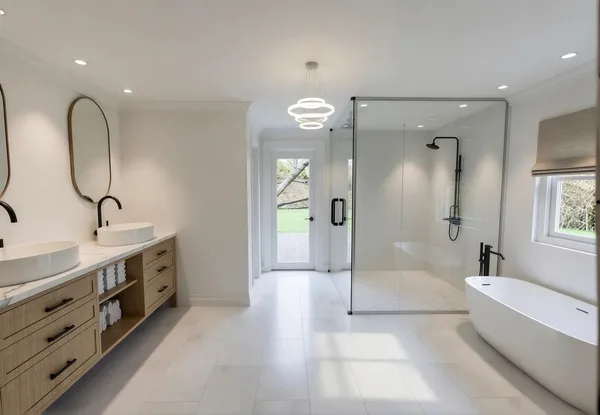 a spacious bathroom with a double vanity sink a mirror a bathtub and shower