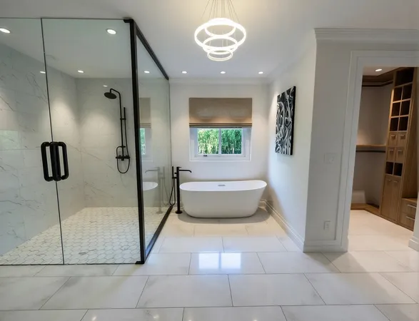 a bathroom with a tub shower and window