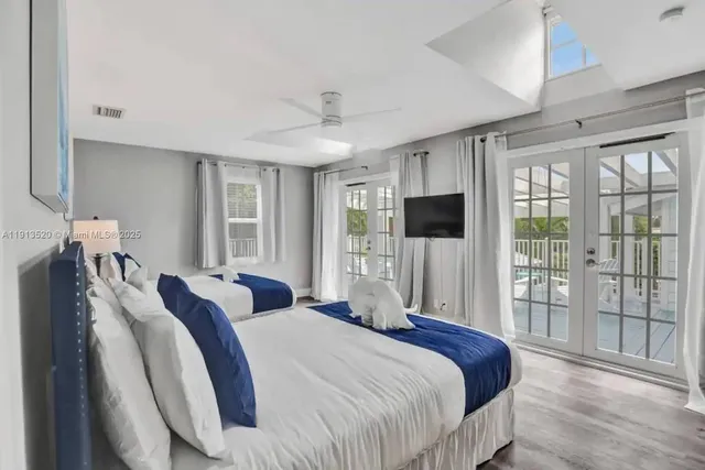 a bedroom with two beds and painting on the wall