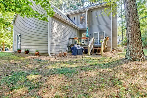 a view of a yard with plants and trees