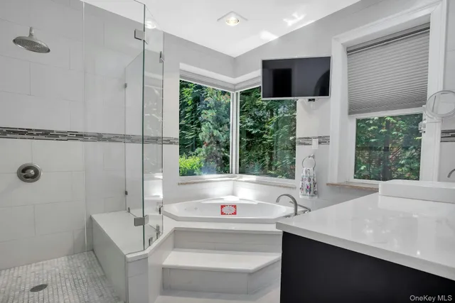 a bathroom with a tub sink and mirror
