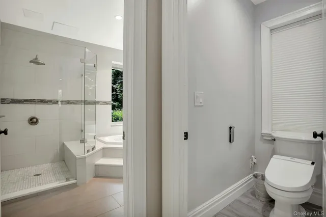 a bathroom with a toilet and a shower
