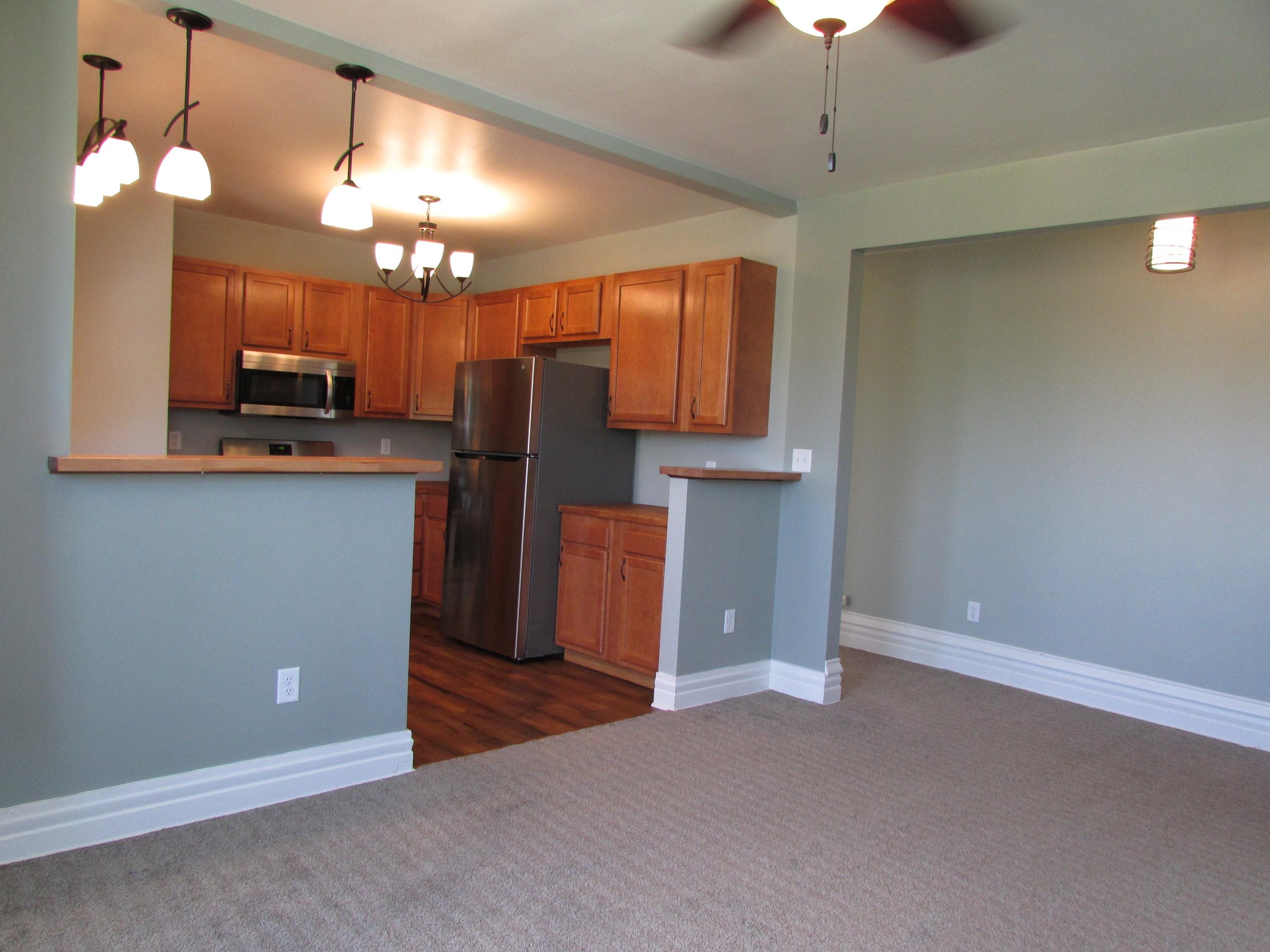 1212 East 2nd Street Superior, WI 54880 - Photo 6 of 19 Kitchen featuring dark carpet, pendant lighting, stainless steel appliances, and kitchen peninsula