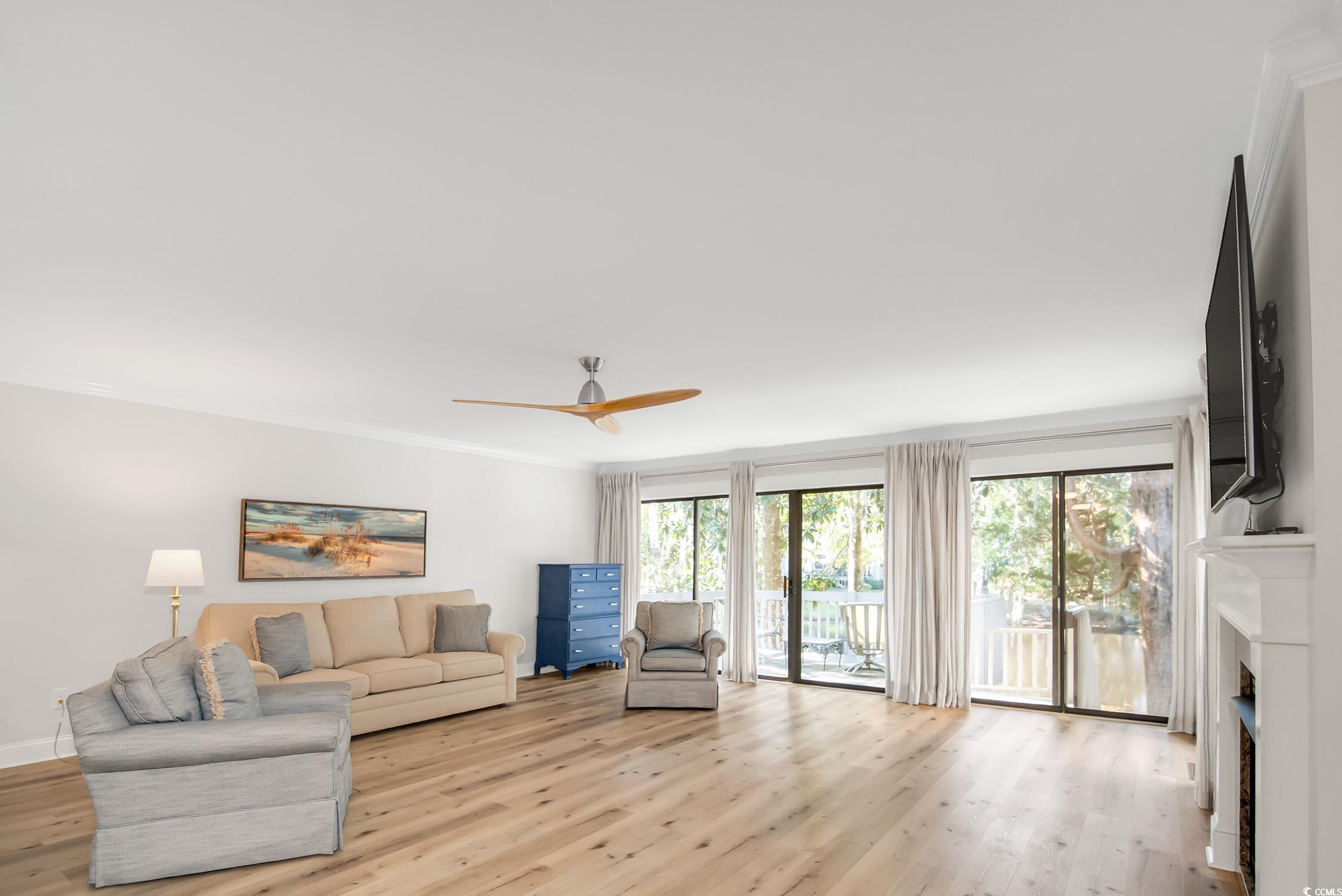 63 Battery White Court, Unit 2C Georgetown, SC 29440 - Photo 16 of 38 Living room with light wood-type flooring, a fireplace, and a ceiling fan