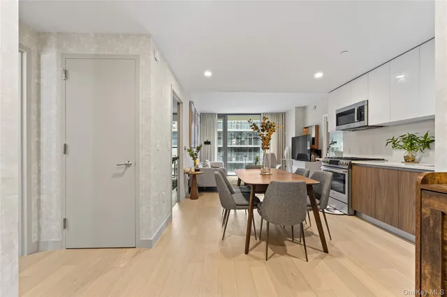 a view of a dining room with furniture