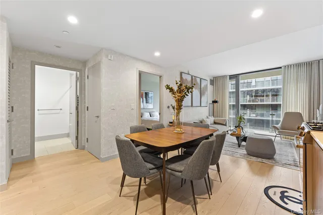 a view of a dining room with furniture