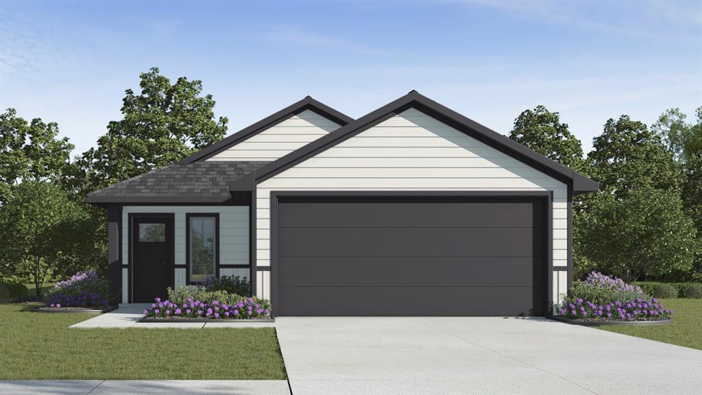 Contemporary single-story residence featuring light-colored siding with dark trim accents, a dark shingle roof, and an integrated two-car garage