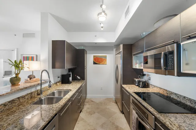 a kitchen with a sink stove and refrigerator