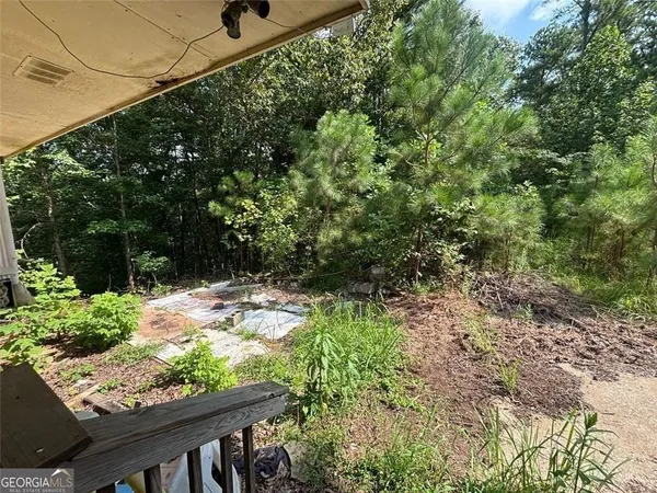 a view of a yard with plants and a bench