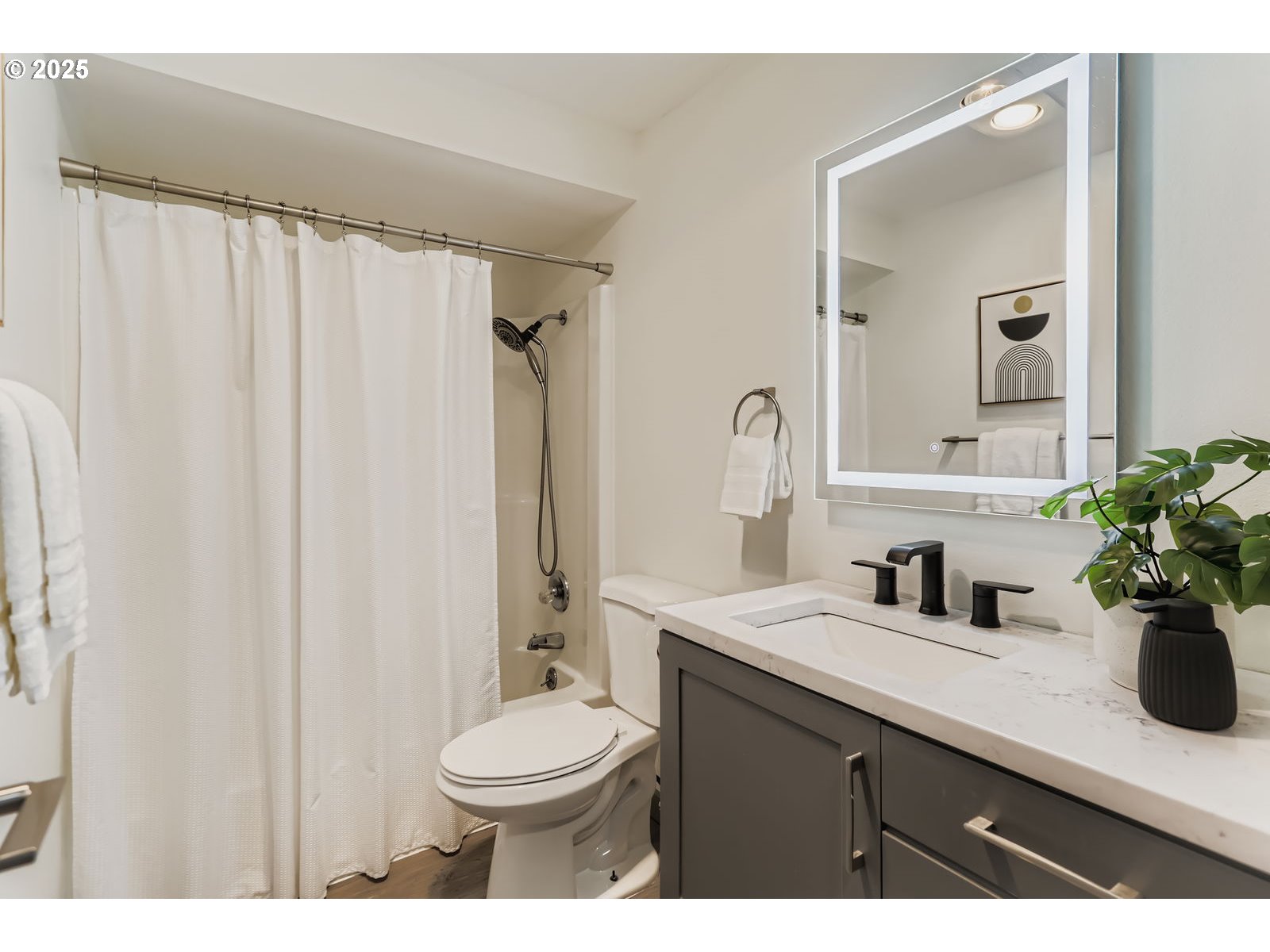 650 Southwest Meadow Drive, Unit 106 Beaverton, OR 97006 - Photo 18 of 29 a bathroom with a sink a toilet a mirror and shower curtain