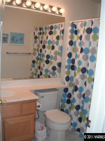 9911 Northrup Drive Reno, NV 89521 - Photo 8 of 13 a bathroom with a toilet and a shower curtain