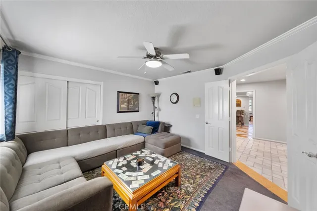 a living room with furniture a fireplace and a potted plant