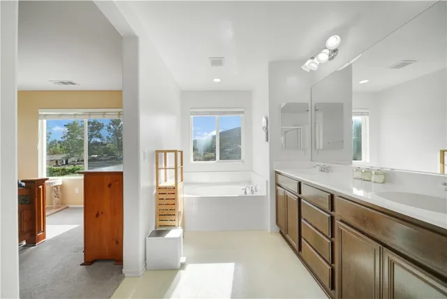 a bathroom with a tub sink and mirror
