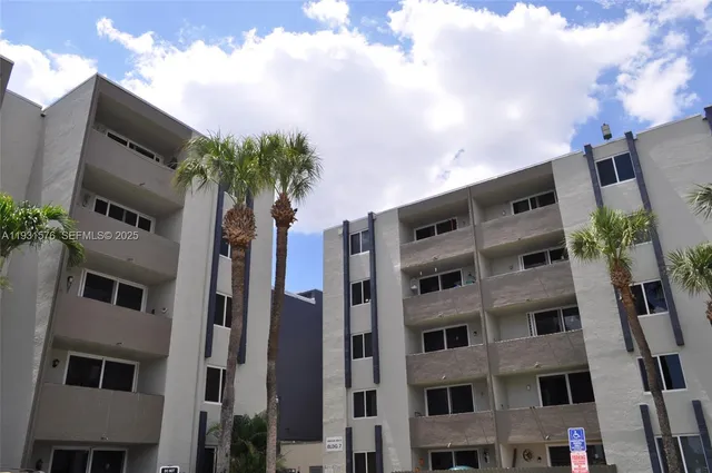 a front view of a multi story building