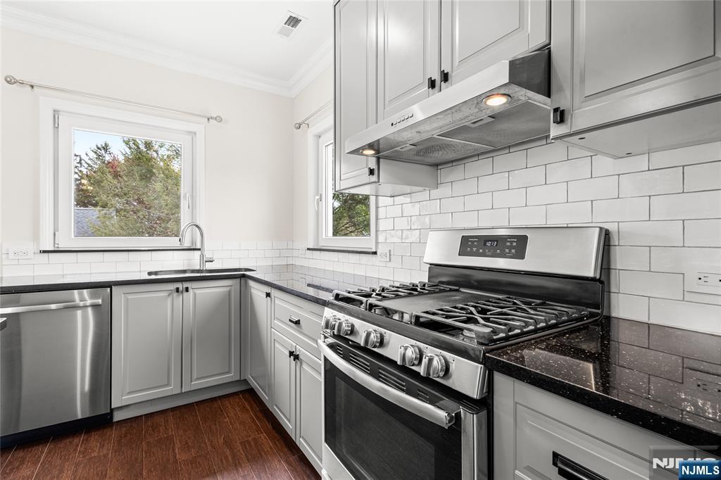 346 Cleveland Avenue, Unit 2 Hasbrouck Heights, NJ 07604 - Photo 15 of 39 a kitchen with stainless steel appliances a stove a sink and wooden floor