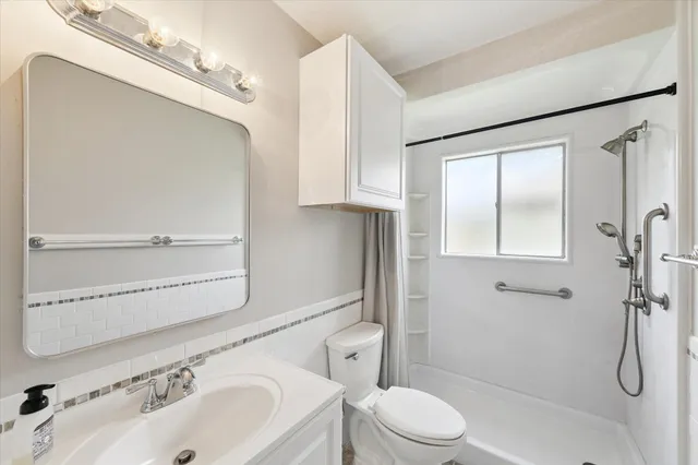 a bathroom with a sink a toilet and shower