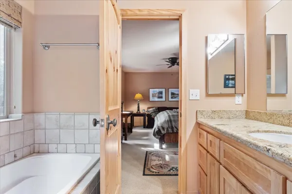 a bathroom with a tub sink and mirror