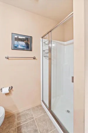 a bathroom with a shower and a toilet