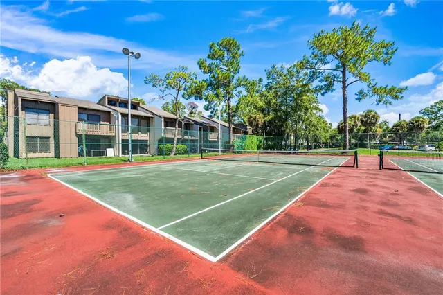 a view of a tennis ground with large trees