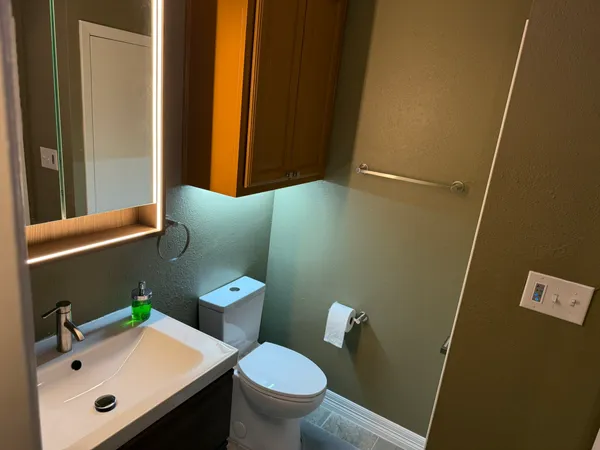 a bathroom with a sink a toilet and a mirror