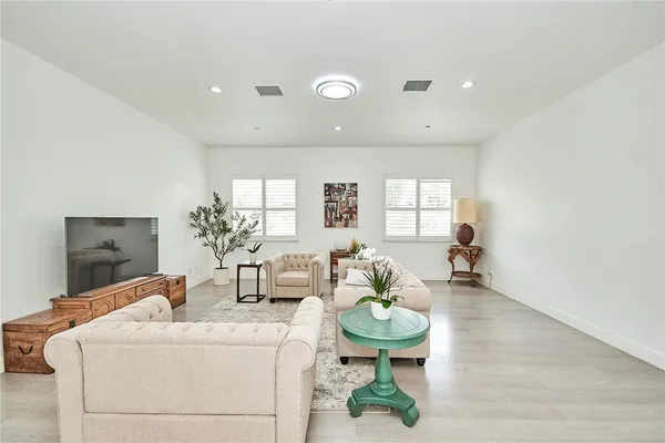 a living room with furniture and a potted plant