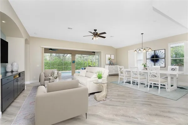 a view of a dining room with furniture