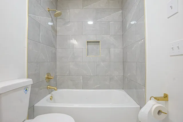 a bathroom with a bathtub and a toilet