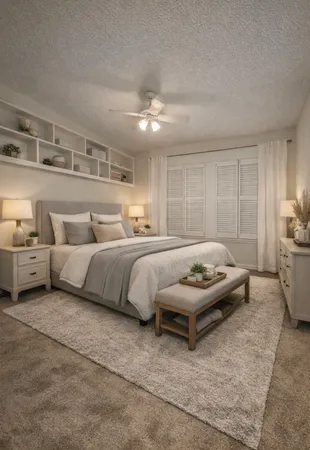 a bedroom with bed and a couch