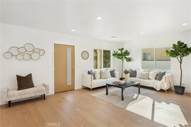 a living room with furniture potted plant and a window