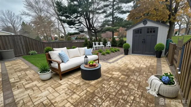 a view of a patio with couches and potted plants