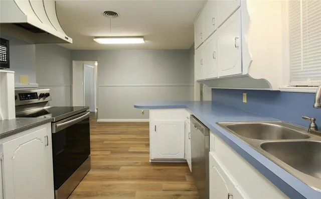 a kitchen with a sink cabinets and stainless steel appliances