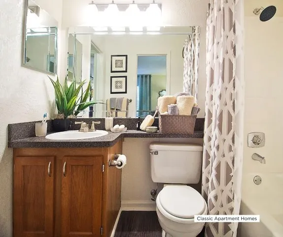 a bathroom with a granite countertop sink a toilet and a mirror