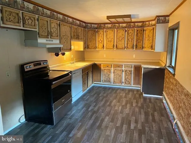 a kitchen with wooden floors and a sink