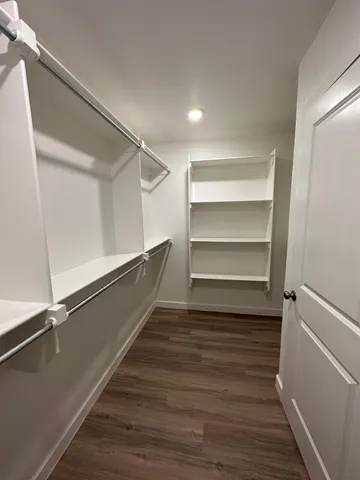 a room with walk in closet and wooden floor