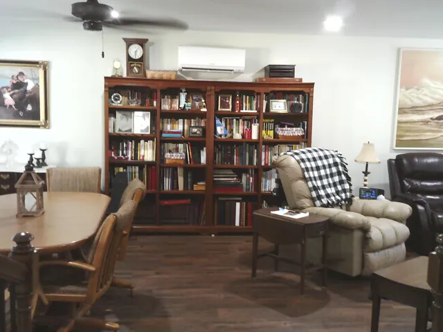 a living room with furniture and a book shelf