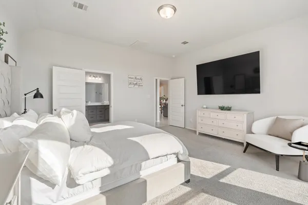 a bedroom with bed and a flat screen tv