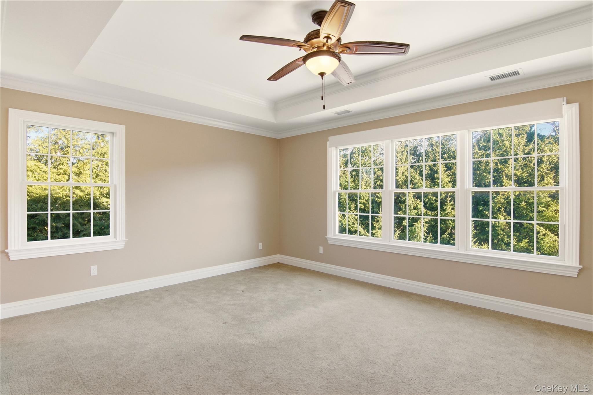 69 Old Depot Road Quogue, NY 11959 - Photo 17 of 40 Unfurnished room featuring ornamental molding, ceiling fan, light carpet, and a raised ceiling