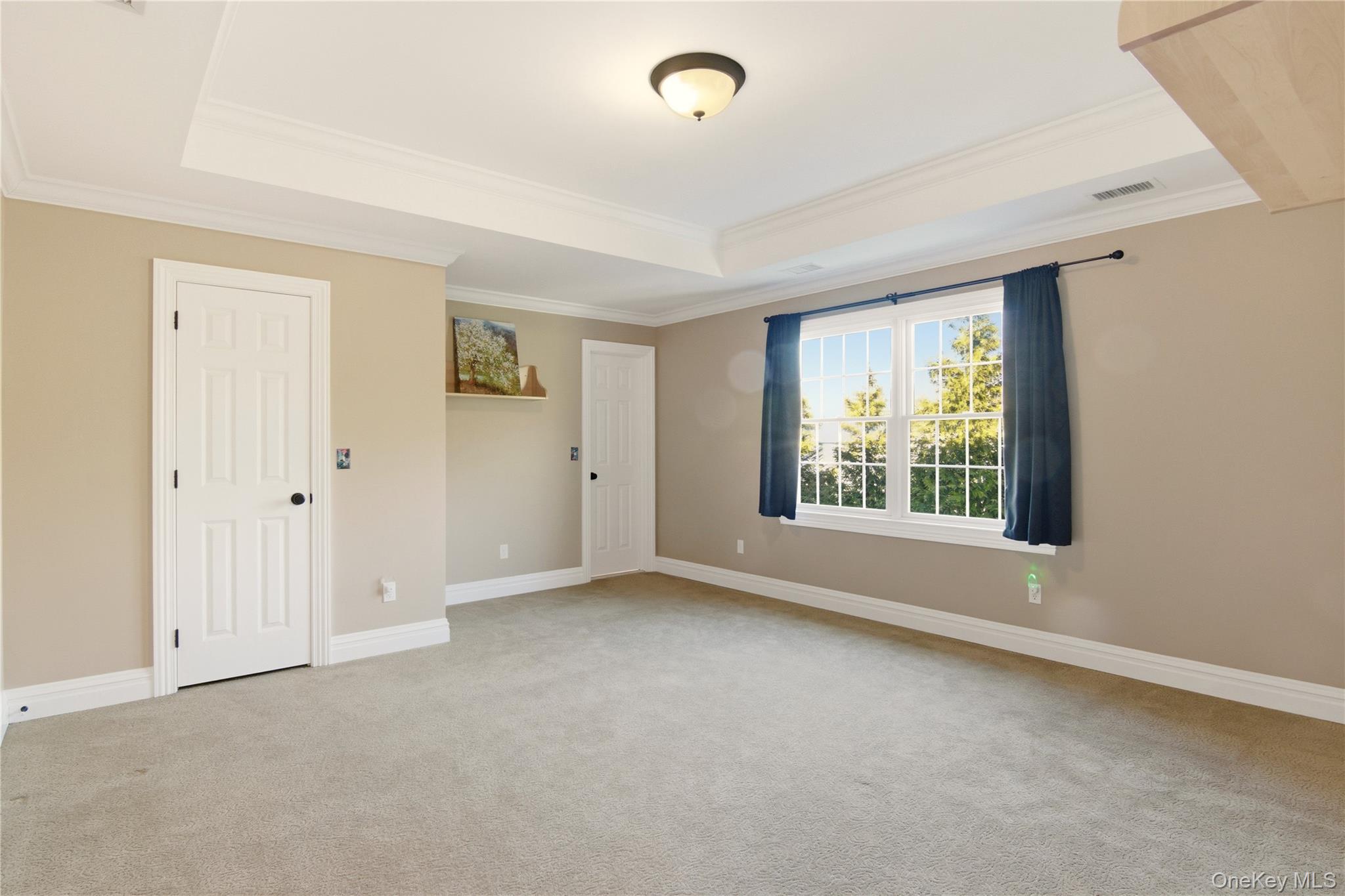 69 Old Depot Road Quogue, NY 11959 - Photo 20 of 40 Unfurnished bedroom featuring light carpet, a raised ceiling, and ornamental molding