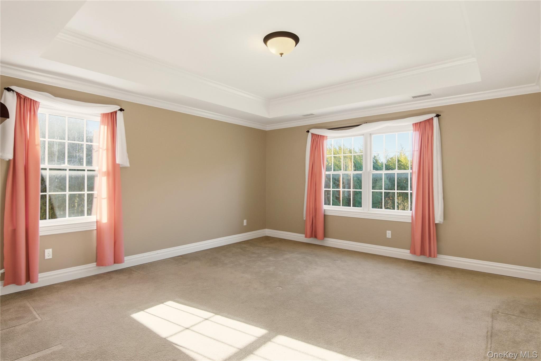 69 Old Depot Road Quogue, NY 11959 - Photo 23 of 40 Spare room with light colored carpet, a tray ceiling, and ornamental molding