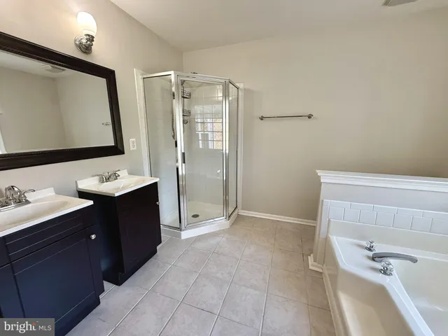 a bathroom with a tub sink and mirror