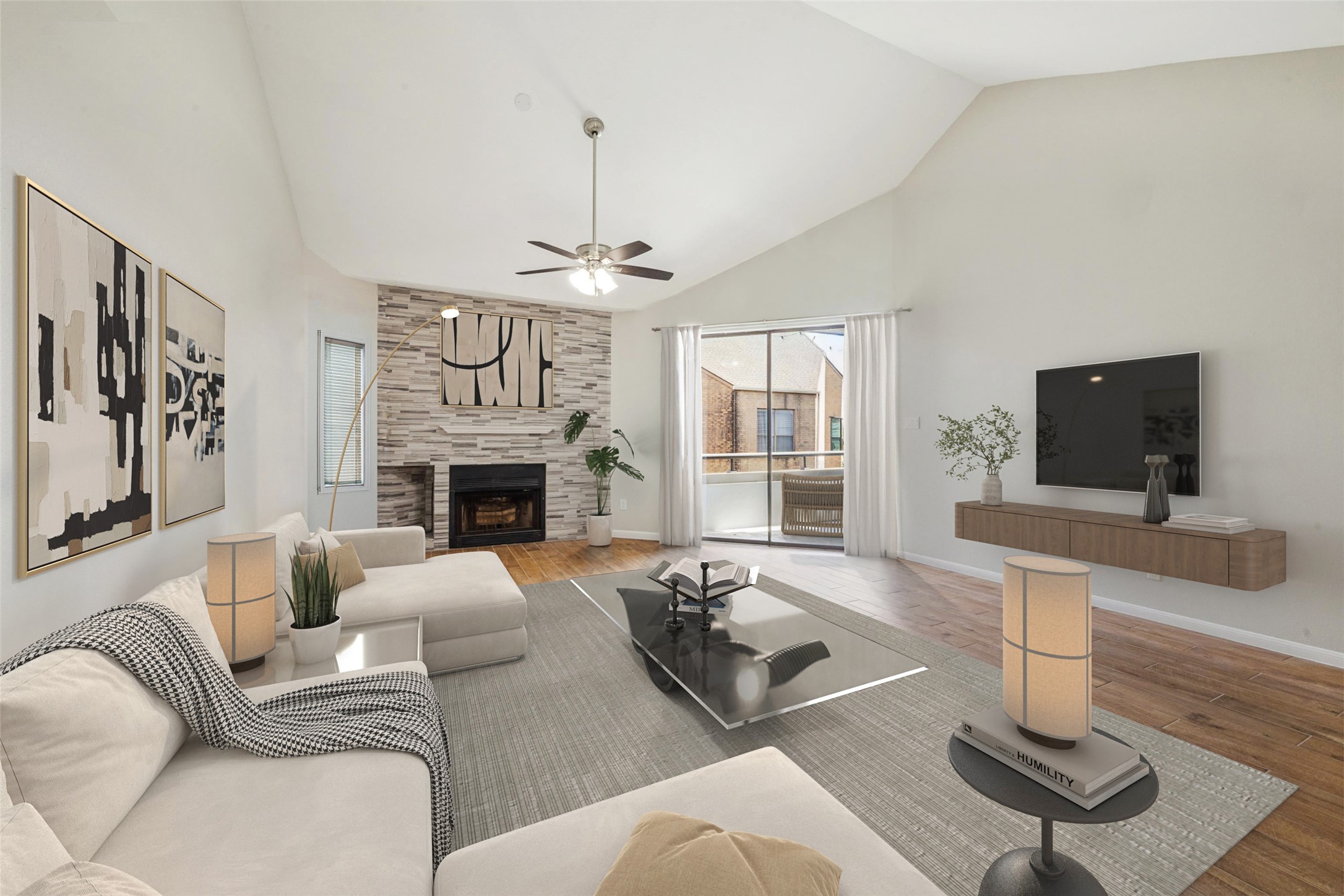 a living room with furniture a fireplace and a flat screen tv